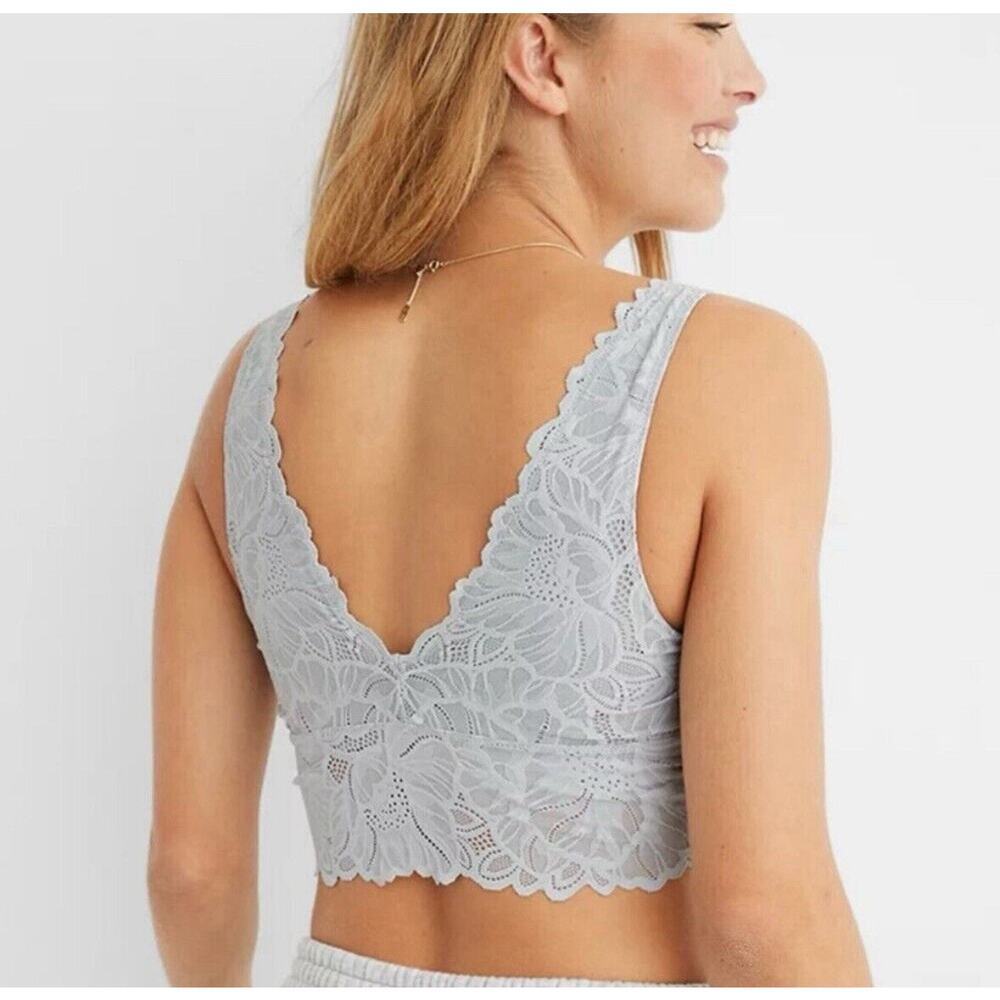 NEW Aerie Holiday Gray Best Lace Waffle Longline Bralette Cozy Soft Size M $39 - Picture 2 of 8